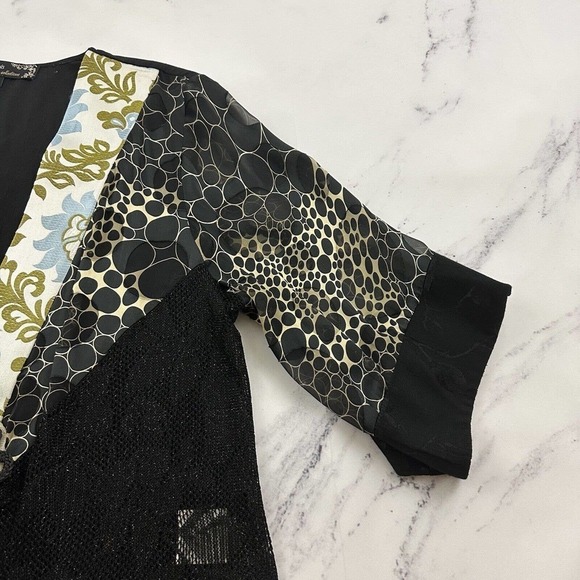 Spencer Alexis Kimono Blouse Top Size M Black Cream Silk Blend Floral Jacquard - Picture 3 of 12
